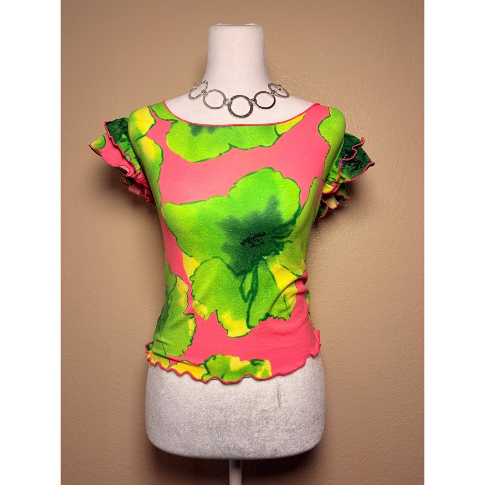 Y2K Nally & Millie Pink Green Floral Ruffle Sleeve Lettuce Edge Top Small #9